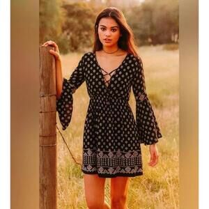 #2338 Angie NWT Black Boho Criss Cross Front Floral Bell Sleeve Mini Dress 2X